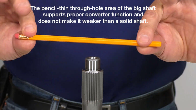 The pencil-thin through-hole area of the big shaft supports proper converter function and does not meake it weaker than a solid shaft.